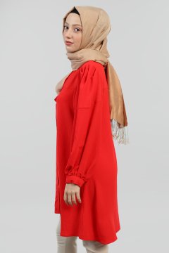 Kadın Balon Kol Klasik Tesettür Tunik Gömlek Kırmızı