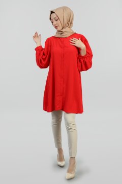 Kadın Balon Kol Klasik Tesettür Tunik Gömlek Kırmızı