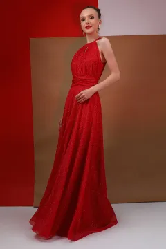 Kadın Boyun Detaylı İç Astarlı Işıltılı Uzun Tül Abiye Elbise Kırmızı