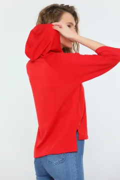 Kadın Kapüşonlu Kapri Kol Mevsimlik Spor Sweatshirt Kırmızı