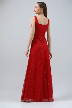 Kadın Kare Yaka Tül Dekolteli Astarlı Işıltılı Uzun Abiye Elbise Kırmızı