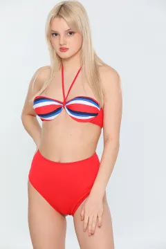 Kadın Likralı Süper Yüksek Bel Boyundan Bağlamalı Hafif Destekli Desenli Bikini Kırmızı