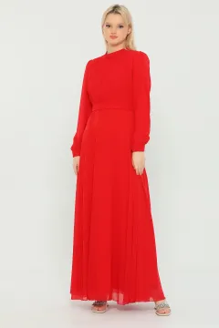 Kadın Modest Önü Piliseli Uzun Tesettür Şifon Elbise Kırmızı