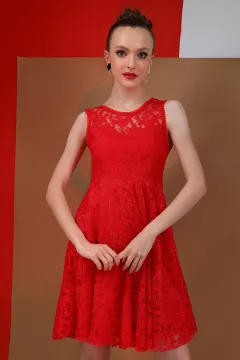 Kadın Sıfır Kol İç Astarlı Dantel Kloş Mini Abiye Elbise Kırmızı