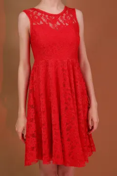 Kadın Sıfır Kol İç Astarlı Dantel Kloş Mini Abiye Elbise Kırmızı