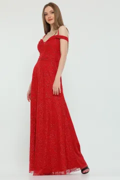 Kadın Yaka Tül Dekolteli İp Askılı Astarlı Işıltılı Uzun Abiye Elbise Kırmızı
