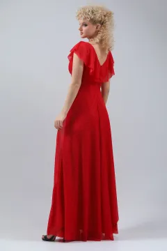 Kadın Yaka Volanlı Tül Dekolteli Bel Drapeli Astarlı Işıltılı Uzun Abiye Elbise Kırmızı