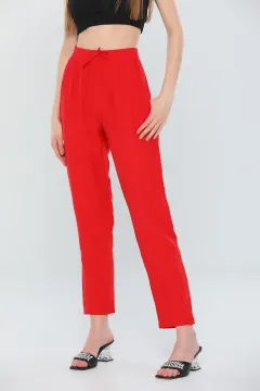 Kadın Yüksek Bel Cepli Pantolon Kırmızı