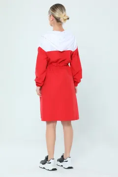 Kadın Kapüşonlu Robası Garnili Kadın Trençkot Kırmızı