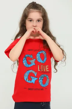 Kız Çocuk Likralı Bisiklet Yaka Baskılı T-shirt Kırmızı