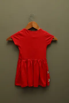 Kız Çocuk Likralı Bisiklet Yaka Baskılı Elbise Kırmızı