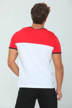 Erkek Likralı Bisiklet Yaka Garnili T-shirt KırmızıBeyaz
