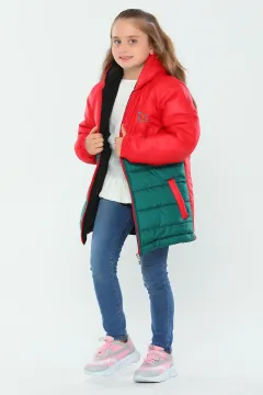 Kapüşonlu Fermuarlı Renk Bloklu Kız Çocuk Mont Kırmızıyeşil
