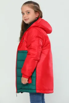 Kapüşonlu Fermuarlı Renk Bloklu Kız Çocuk Mont Kırmızıyeşil