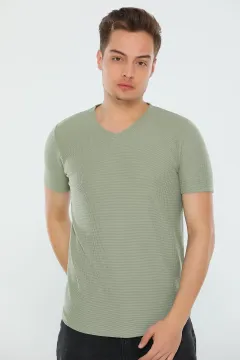 Erkek Likralı V Yaka T-shirt Kivi
