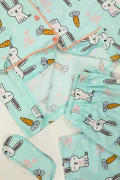 Kız Çocuk Baskılı Düğmeli Pijama Takımı Mint