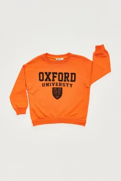 Kız Çocuk Bisiklet Yaka Oversize Oxford Baskılı Sweatshırt Orange