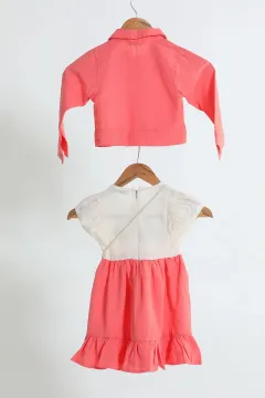Kız Çocuk Çiçek Baskılı Kolyeli Elbise Ceket Üçlü Takım Somon