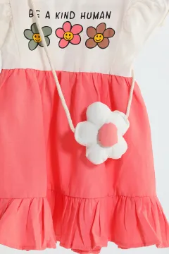 Kız Çocuk Çiçek Baskılı Kolyeli Elbise Ceket Üçlü Takım Somon