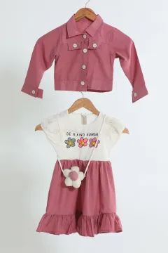 Kız Çocuk Çiçek Baskılı Kolyeli Elbise Ceket Üçlü Takım Gülkurusu