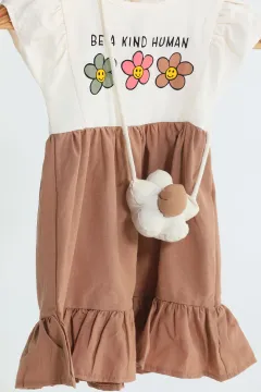 Kız Çocuk Çiçek Baskılı Kolyeli Elbise Ceket Üçlü Takım Vizon