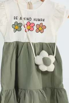 Kız Çocuk Çiçek Baskılı Kolyeli Elbise Ceket Üçlü Takım Haki