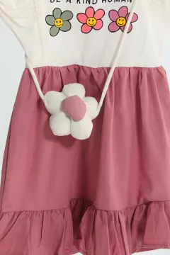 Kız Çocuk Çiçek Baskılı Kolyeli Elbise Ceket Üçlü Takım Gülkurusu