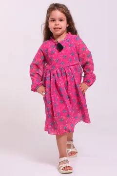 Kız Çocuk Desenli Şifon Elbise Fuşya