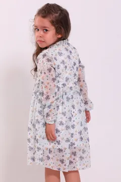 Kız Çocuk Desenli Şifon Elbise Krem
