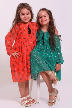 Kız Çocuk Desenli Şifon Elbise Orange