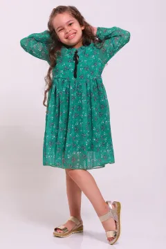 Kız Çocuk Desenli Şifon Elbise Yeşil