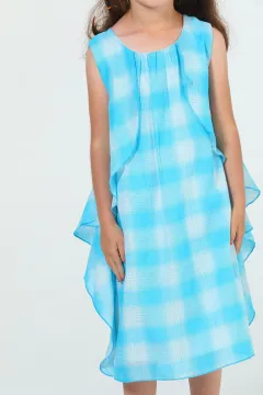 Kız Çocuk Fırfırlı Desenli Elbise Mavi