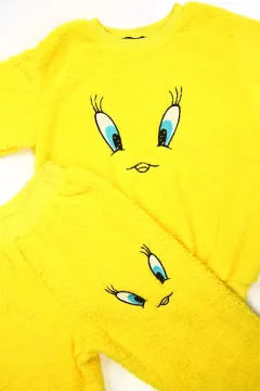Kız Çocuk Nakışlı Peluş Pijama Takımı Sarı