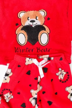 Kız Çocuk Nakışlı Polar Pijama Takımı Kırmızı