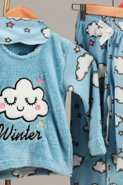 Kız Çocuk Nakışlı Polar Pijama Takımı Mavi