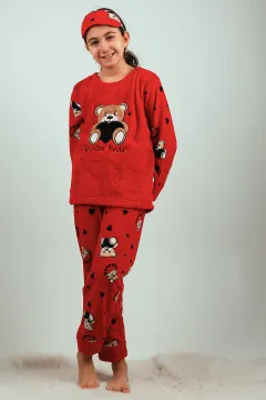 Kız Çocuk Nakışlı Polar Pijama Takımı Kırmızı