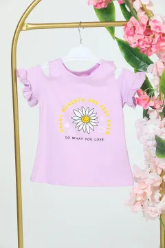 Kız Çocuk Omuz Fırfırlı Çiçek Baskılı T-shirt Lila