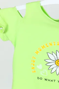 Kız Çocuk Omuz Fırfırlı Çiçek Baskılı T-shirt Yeşil