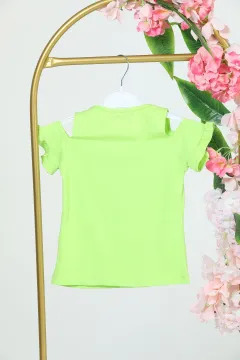 Kız Çocuk Omuz Fırfırlı Çiçek Baskılı T-shirt Yeşil