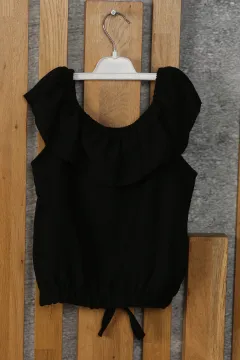 Kız Çocuk Ön Düğme Detaylı Fırfırlı Bluz Siyah