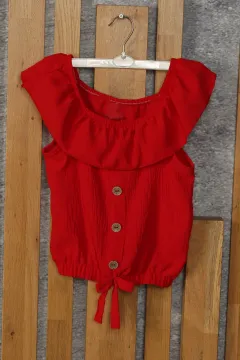Kız Çocuk Ön Düğme Detaylı Fırfırlı Bluz Kırmızı
