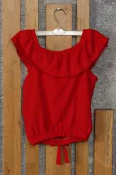 Kız Çocuk Ön Düğme Detaylı Fırfırlı Bluz Kırmızı