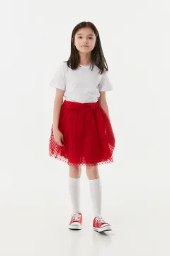 Kız Çocuk Tüllü Bel Lastikli Puantiyeli Etek Kırmızı