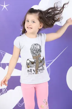 Kol Dantel Detaylı Baskılı Kız Çocuk T-shirt Gri