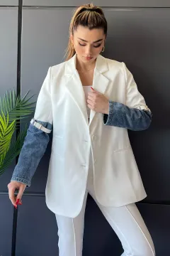 Kot Garnili Kol Kemer Detaylı Cepli Kadın Blazer Ceket Beyaz