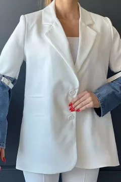Kot Garnili Kol Kemer Detaylı Cepli Kadın Blazer Ceket Beyaz