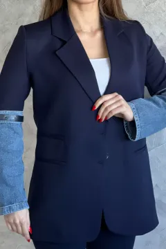 Kot Garnili Kol Kemer Detaylı Cepli Kadın Blazer Ceket Lacivert