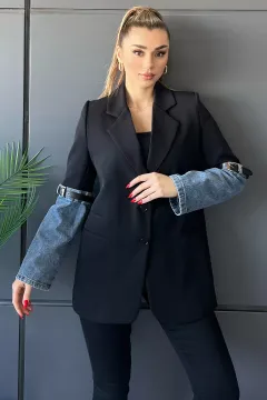Kot Garnili Kol Kemer Detaylı Cepli Kadın Blazer Ceket Siyah