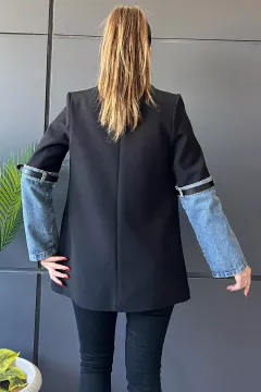 Kot Garnili Kol Kemer Detaylı Cepli Kadın Blazer Ceket Siyah