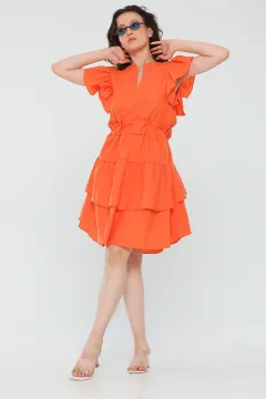 Kadın V Yaka Kol Volanlı Eteği Katlı Yazlık Mini Elbise Koyu Orange